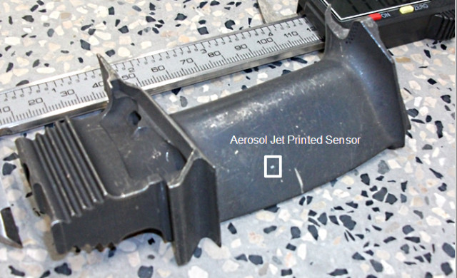 3D printed sensors are nearly invisible on the jet engine part. Courtesy of WCPC.