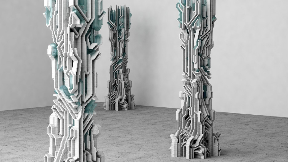 3D printed columns built using Amalgamma's new concrete printing process. Courtesy of Amalgamma.