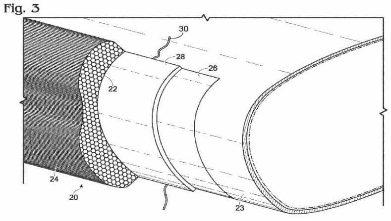 Boeing's patent filed with the US Patent Office displaying faux ice buildup on a plane's wing. Courtesy of the US Patent Office.