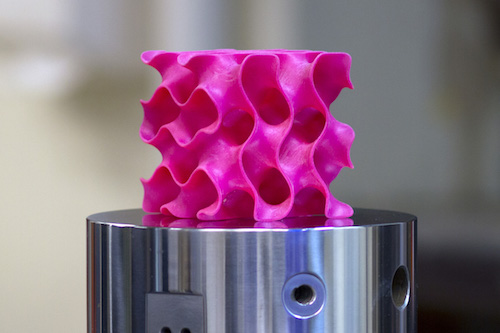 3D-printed gyroid models such as this one were used to test the strength and mechanical properties of a new lightweight material created at MIT. Image Courtesy of Melanie Gonick/MIT 