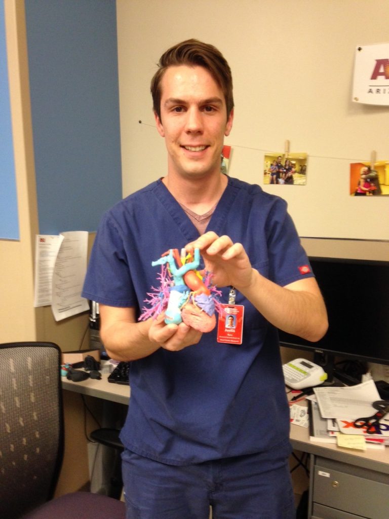 Justin Ryan, PhD, Research Scientist in the Cardiac 3D Print Lab at Phoenix Children’s Hospital, Phoenix AZ, holding a full-size, 3D-printed pediatric heart with all of its connecting structures. (Image courtesy Phoenix Children’s Hospital)