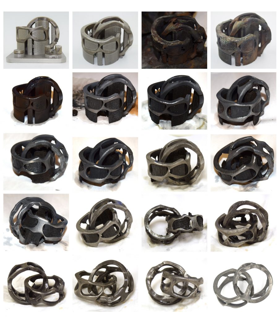 3D-printed interlocking stainless steel rings, showing progression of selectively dissolving the support structure. (Image courtesy ASU)