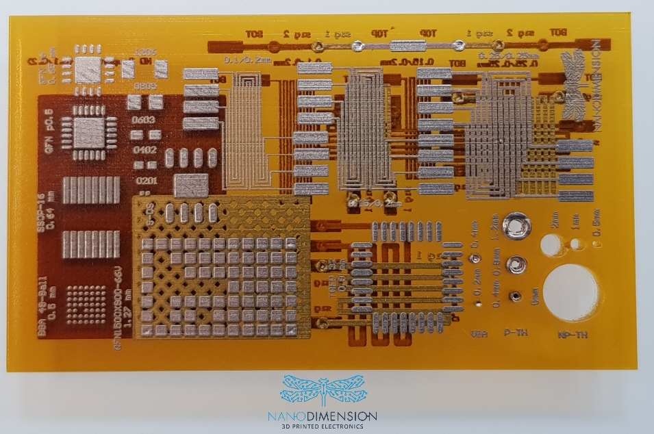3D-printed multilayer PCB. Top layer displays traces with various trace- and space-widths, as well as non-plated and plated through-holes and vias. Produced on the DragonFly 2020 Pro 3D Printer from Nano Dimension. (Image courtesy Nano Dimension)