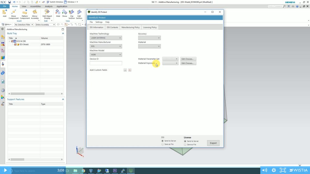 Identify3D Protect software, is available stand-alone or in optional embedded format (shown here within Siemens NX design software). In this first of three software tools, users control design content, manufacturing policies and licensing policies within the digital supply chain of AM parts. (Image courtesy Identify3D)
