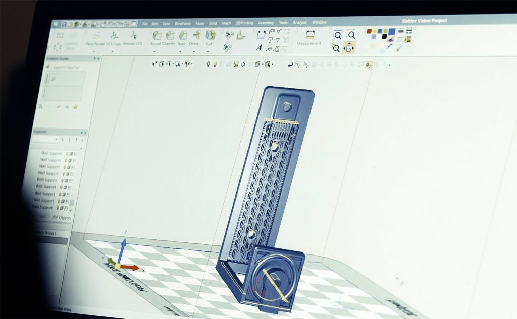 CAD model for KALLISTA Grid faucet, shown imported into 3D-printing layout software, with support structures added. (Image courtesy 3D Systems)