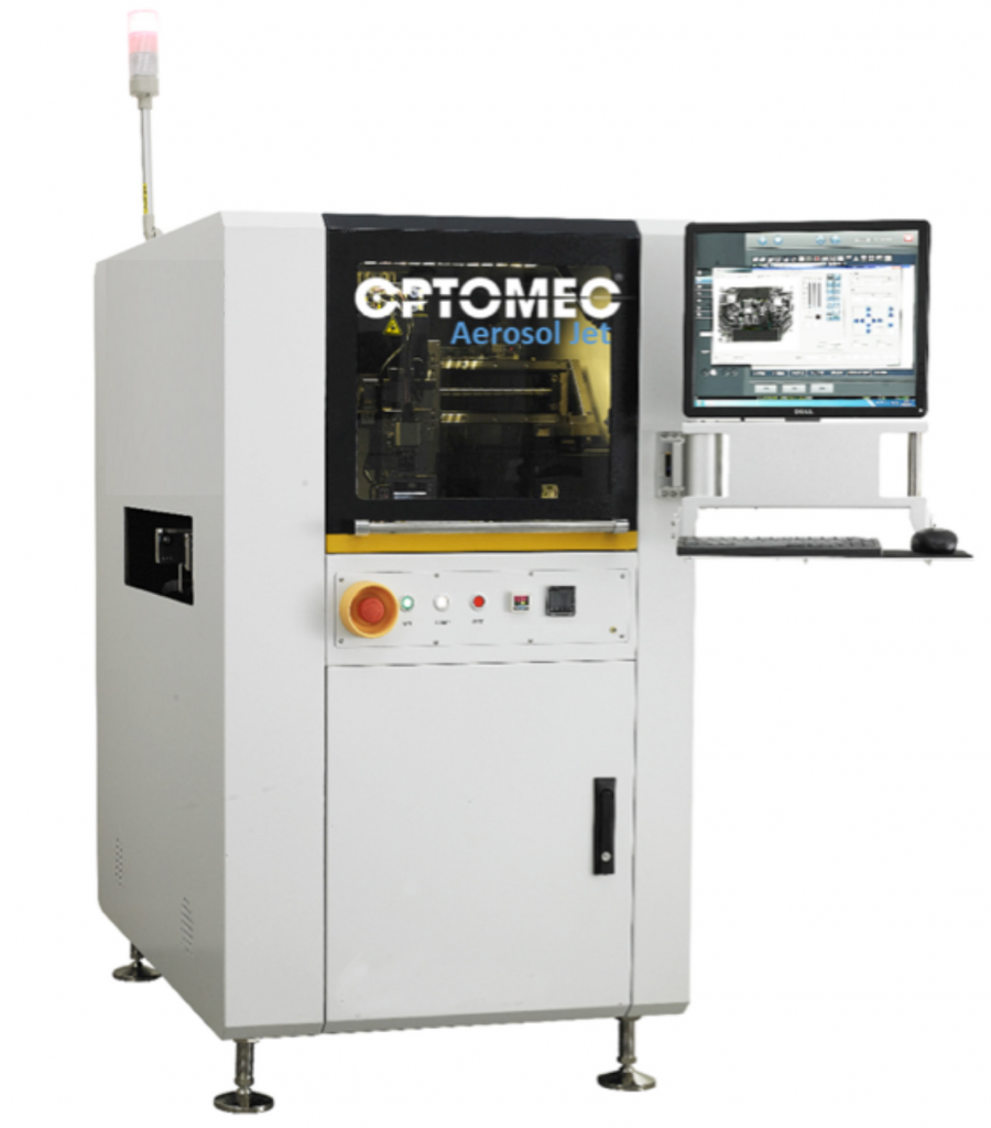 The Optomec Aerosol Jet HD (high density) Dispensing and Electronics Printing Platform is a new generation of in-line, digitally-driven dispense systems for advanced packaging and assembly (available in 20um, 50um and 100um configurations). (Image courtesy Optomec)