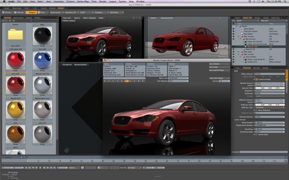 20090619modo401_5 modo 401's interface, showing a collection of materials with editable properties.