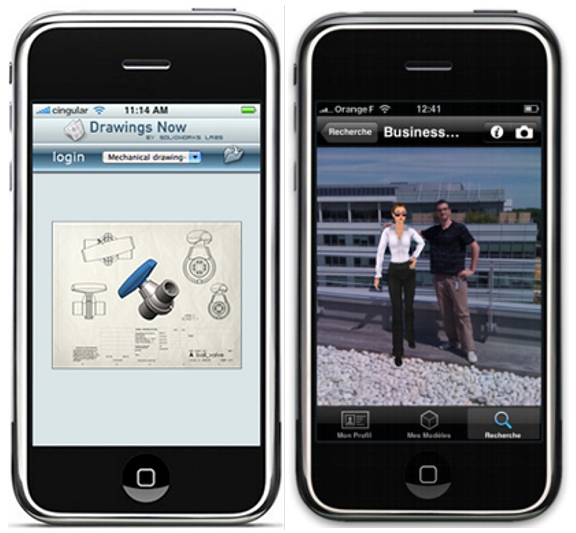 20090917dassault Dassault Systemes' exploration of the handheld market include the launches of an iPhone-friendly interface for Drawings Now (left) and 3DVIA Mobile (right).