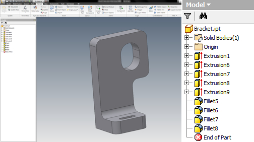 fig1 The original part, shown in Autodesk Inventor. The right panel shows an enlarged view of the part's history tree.