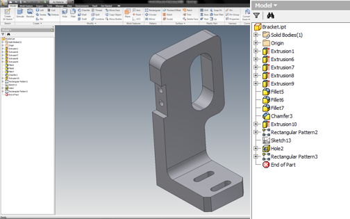 fig4 The edited part, now updated in Autodesk Inventor. The right panel shows an enlarged view of the updated history tree.
