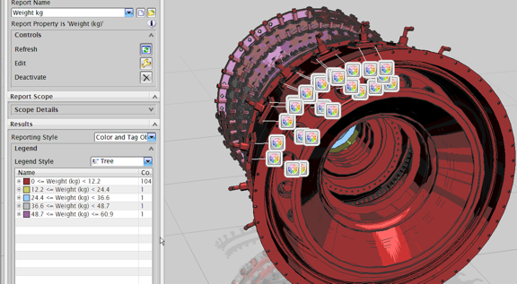 20091104fig3 A part tagged with user comments and issue alerts, displayed in HD3D. Tag display is adaptive, so if you zoom in or zoom out, the density of the tags changes in response.