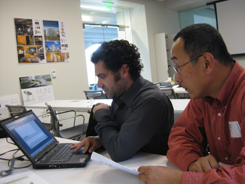 20091109fig3 Desktop Engineering's Kenneth Wong (off camera) joins Denny from Autodesk and Sang-Tae Kim to explore greener design options at a recent Sustainable Minds workshop, at Autodesk Gallery in San Francisco.
