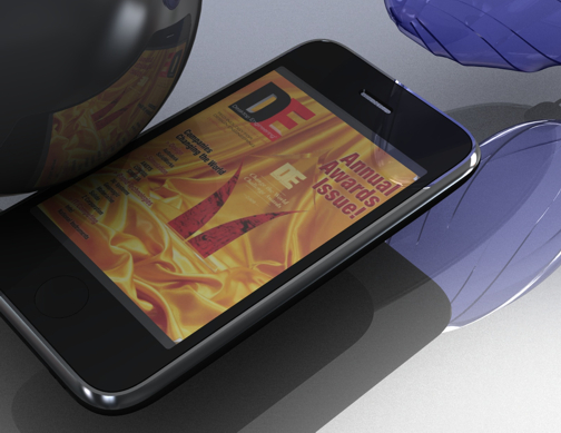 iphone with de Cover of special issue of DE, rendered as decal on a 3D iPhone model in SolidWorks PhotoWorks.