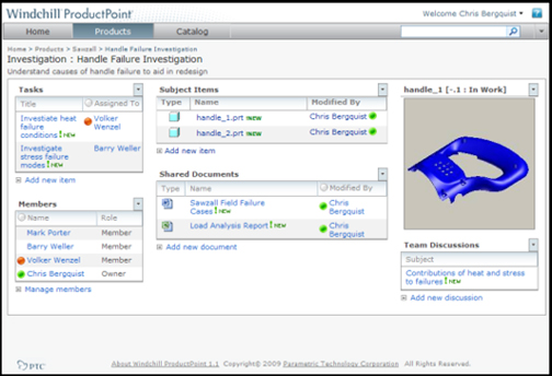 20100316productpoint PTC Windchill ProductPoint, a product development platform with many features commonly found in social media.