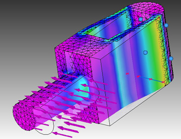 The Cylindrical constraint lets you simulate the impact of a force on parts that rotate along an axis (results shown here with the part's pre-deformed original position and shape).