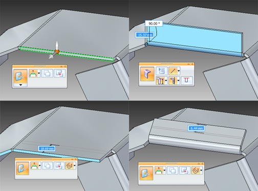 In Solid Edge with Synchronous Technology 2, you create flanges simply by selecting an edge and dragging the extrusion handle into the desired direction.