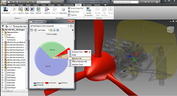 20100412vault2 In Autodesk Vault 2011's visual environment, you may isolate certain subassemblies and parts to probe further or perform edits.
