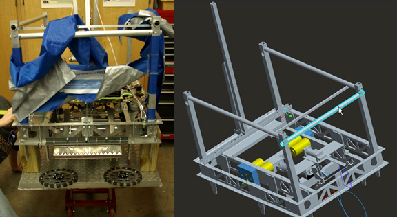 20100426bluetwilightb Team 2220's TeckBot, as built (left) and as designed in Pro/ENGINEER (right).
