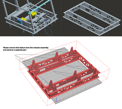 Team 2220's robot (top left), its chassis (top right), and Solido's annotations indicating that certain features should be removed and printed separately (bottom).
