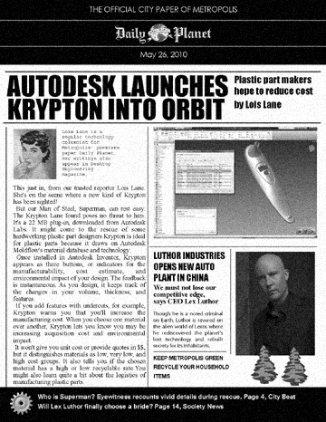 Autodesk launches Moldflow Krypton, a plug-in for plastic designers (conceptial frontpage for Daily Planet inspired by Superman comics).