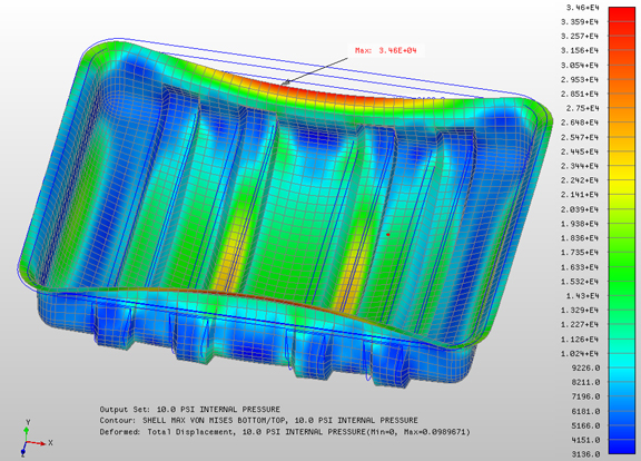 Analysis results of a shelled steel part, at 0.10 inch thickness.