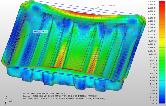 New analysis results of the same part, performed at a thickness of 0.15 inch in aluminum.