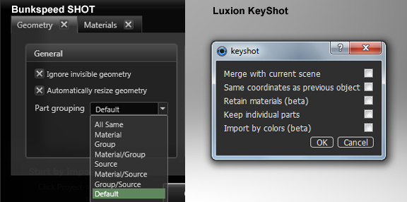 20100719fig7 Left: Material grouping options at import in Bunkspeed SHOT; (right) material grouping options at import in Luxion KeyShot.
