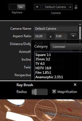 20100719fig8 Bunkspeed SHOT: (top) Single-click button to turn on or off ray tracing; (middle) grouping options at import; (bottom) Ray Brush for cpncentrated