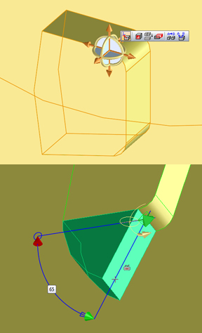 20100825fig3 Top: a close-up of the Copilot as it appears when you select the entire part by clicking on a vertice. Bottom: rotating a face along an axis using the Copilot.