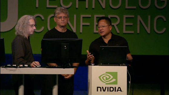 201009243dsmax3 mental images' Michael Kaplan, Autodesk's Ken Pimentel, and NVIDIA CEO Jen-Hsun Huang got ready to demonstrate 3ds Max on GPU-accelerated iray rendering engine.