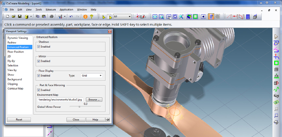 CoCreate gives you the option to work in a fully rendered mode with ground plane shadows and reflections turned on.