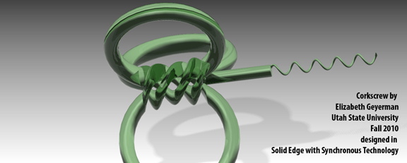 Corkscrew by Elizabeth Geyerman, designed in Solid Edge with ST, Utah State University, Fall 2010.
