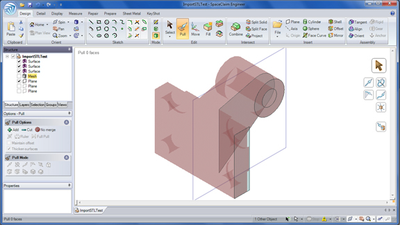 20110303SpaceClaim2011F1 SpaceClaim 2011 returns with STL snap function, allowing you to use mesh models to develop new geometry.