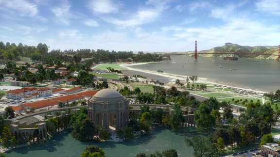 An overhead view of Presidio Parkway, a construction project planned from 2010 to 2014.