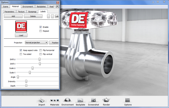 20110323KeyShot2_2Fig4 With the new Label function, you can project 2D images on your 3D models easily. Afterward, you may also apply texture to your material.