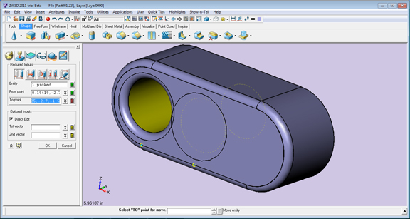 In ZW3D 2011, you can drag and move features and faces, like this hole. (Its original position was at the center; its new position, as previewed here during mid-operation, is closer to the left.)
