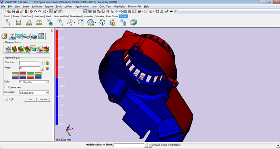 The results of surface analysis for mold making, showing negative and positive sides as color-coded faces.