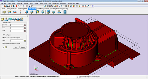 ZW3D automatically generates the parting faces for your mold blocks.