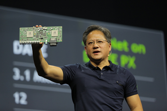 NVIDIA CEO Huang introduces Drive PX, a self-driving car developer kit.