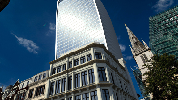 The intensity of the hotspot resulting from reflection from the London Fenchurch Street Tower can be seen in this digital simulation, demonstrated at NVIDIA GTC.