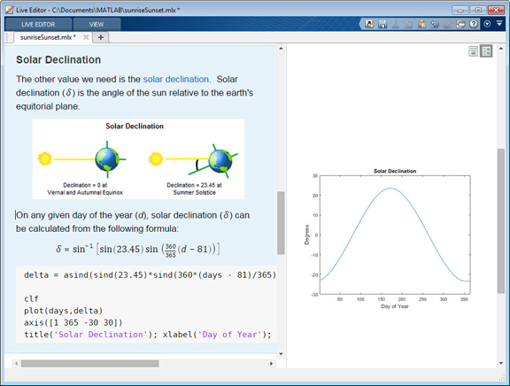 The Live Editor includes results together with the code that produced them to accelerate exploratory programming and analysis. Add equations, images, hyperlinks, and formatted text to enhance your narrative.