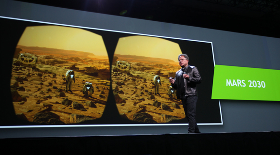 NVIDIA CEO Jen-Hsun Huang demonstrated visiting Martian terrain using a VR goggle during his keynote. VR, he pointed out, could take you to place that too far or too dangerous visit. (Image courtesy of NVIDIA)