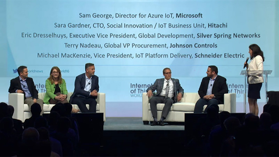 Panel discussion on industrial IoT opportunities. Photo from IoT World event videos. 