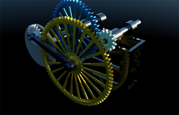 A mechanical assembly rendered in SimLab Composer's Scene Building environment. 