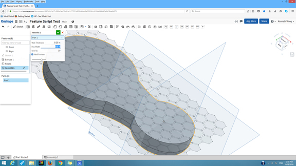 With the Hex Fill FeatureScript, you can populate the inside of a solid part of hex patterns. Shown here is the first step -- projecting the hex pattern onto the designated surface.