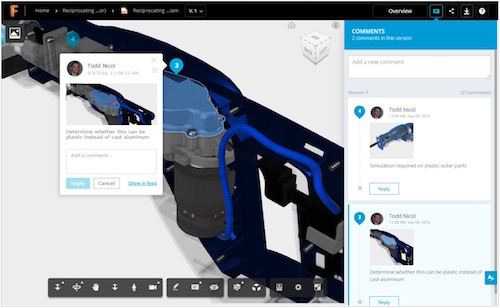Autodesk’s new cloud PDM capabilities support real-time design reviews and viewing and markup of 3D files. Image Courtesy of Autodesk 