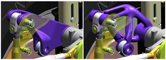 Siemens’ new generative design and simulation technology yields reimagined parts with topology optimized shapes for performance and weight. The part on the left is designed for conventional machining. The organic shaped part on the right has been optimized for 3D printing with reduced mass and equal strength. 