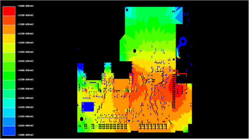 This ANSYS SIwave-DC screen image depicts a DC voltage drop analysis. Image courtesy of ANSYS, Inc.