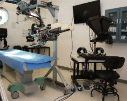 Fig. 8. Full operating room setup of SPORT Surgical System prototype prior to live-tissue testing.