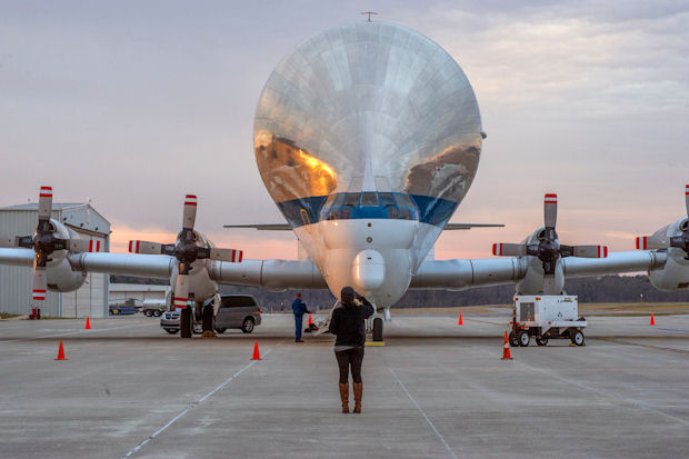 NASA’s Super Guppy airplane lands at the Redstone Army Airfield near Huntsville, AL, on March 26. Image courtesy of NASA/MSFC/Emmett Given.